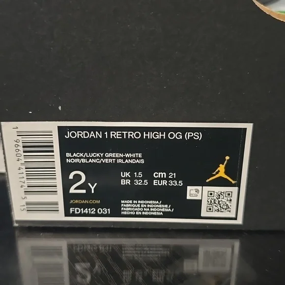 Jordan 1 Retro High OG (PS) Black Lucky Green-White Size 2Y - Picture 11 of 11